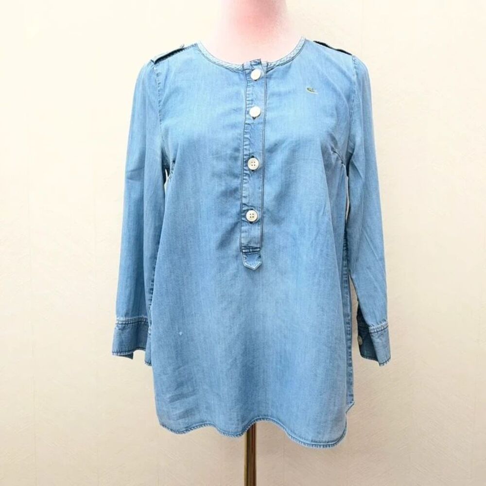 Lacoste Round Neck Embroidered Logo Blue Denim Tunic Shirt Top Womens Size 36